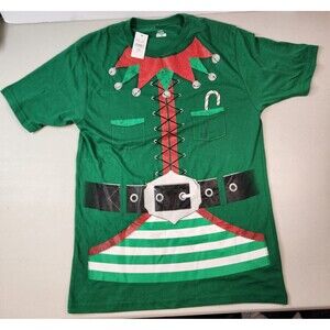Elf Costume T-Shirt Funny Christmas Santa's Helper Women's Small (34/36) Green